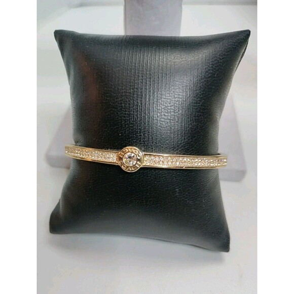Coach Gold Tone & Crystal Cuff Bracelet W/Security Chain - Picture 3 of 5